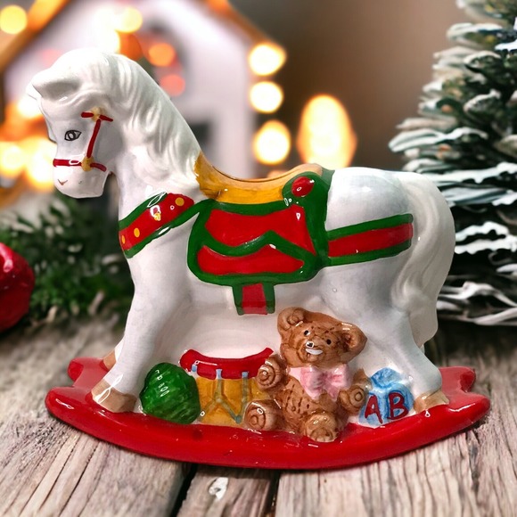 Vtg Holiday Ceramic Rocking Horse Piggy Bank Taiwan Cottagecore Christmas - Picture 1 of 8